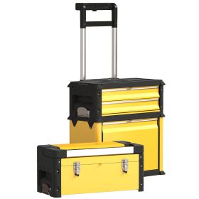 3-in-1 Tool Box with Wheels, Stackable, Modular Steel Toolbox with Tray, Handles, Latches for Workshop, Garage, Yellow