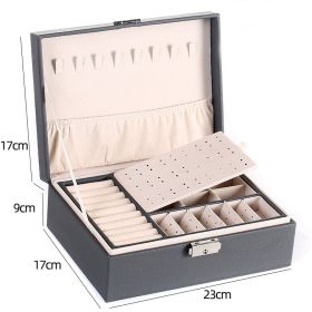 Two-Layer Leather Jewelry Box Organizer Earrings Rings Necklace Storage Case with Lock Women Girls Gift (Color: Gray, size: M)