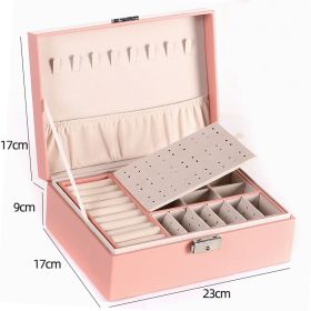 Two-Layer Leather Jewelry Box Organizer Earrings Rings Necklace Storage Case with Lock Women Girls Gift (Color: Pink, size: M)
