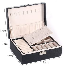 Two-Layer Leather Jewelry Box Organizer Earrings Rings Necklace Storage Case with Lock Women Girls Gift (Color: Black, size: M)
